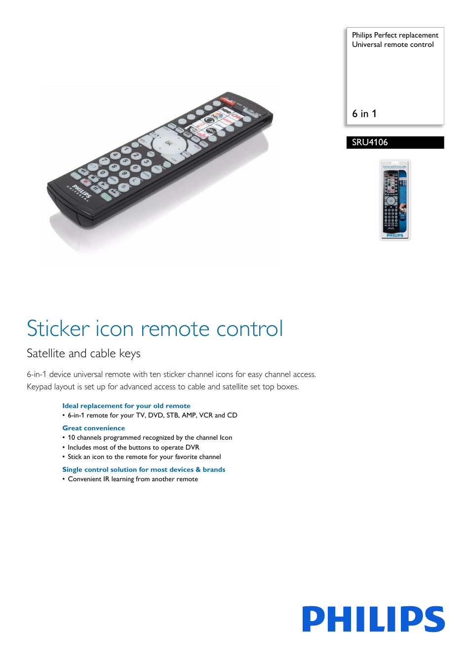 Philips Perfect replacement Universal remote control SRU4106 6 in 1 User Manual | 2 pages