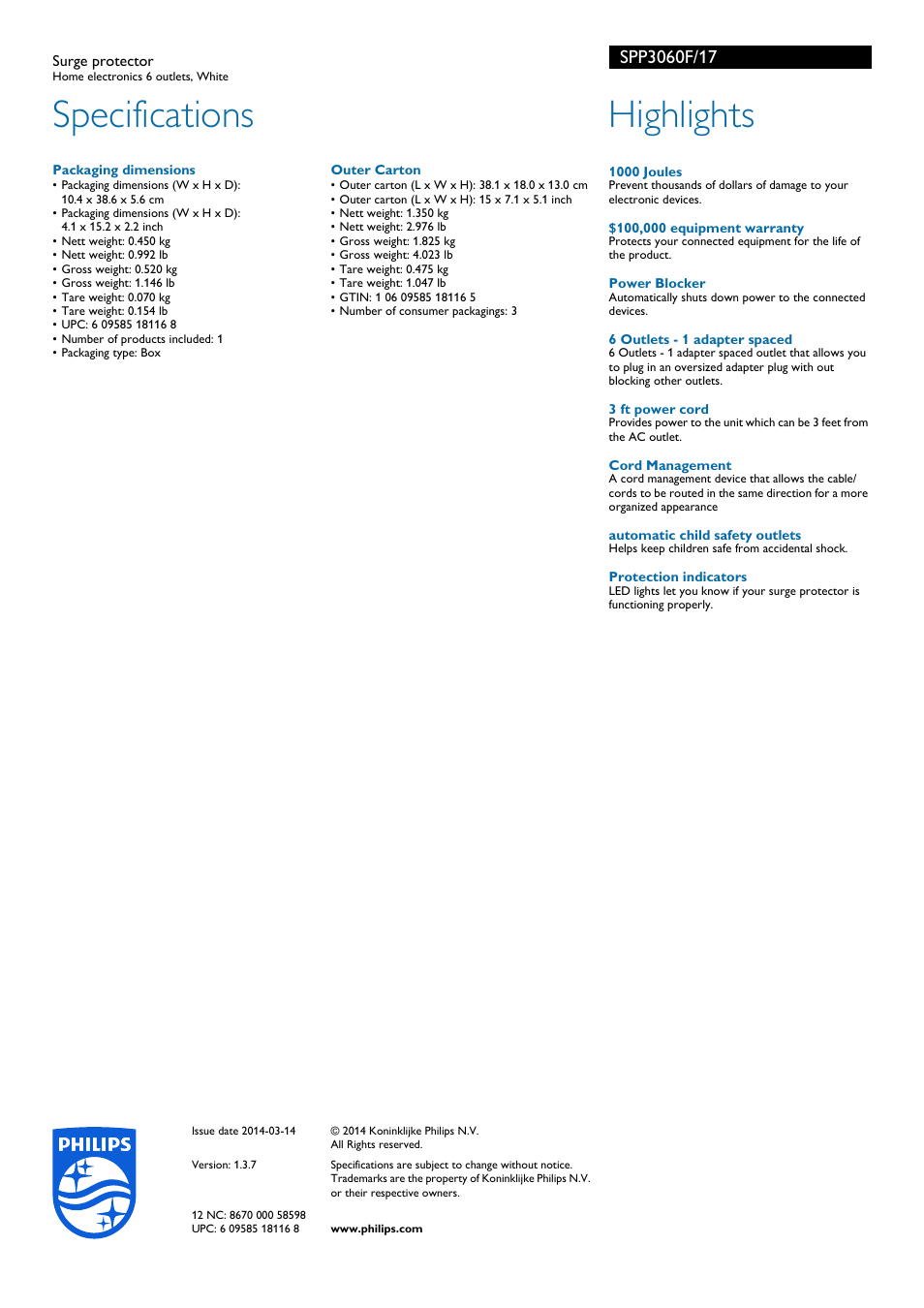 Specifications, Highlights | Philips SPP3060F-17 User Manual | Page 2 / 2