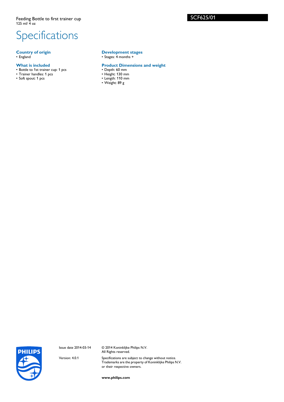Specifications | Philips SCF625-01 User Manual | Page 2 / 2