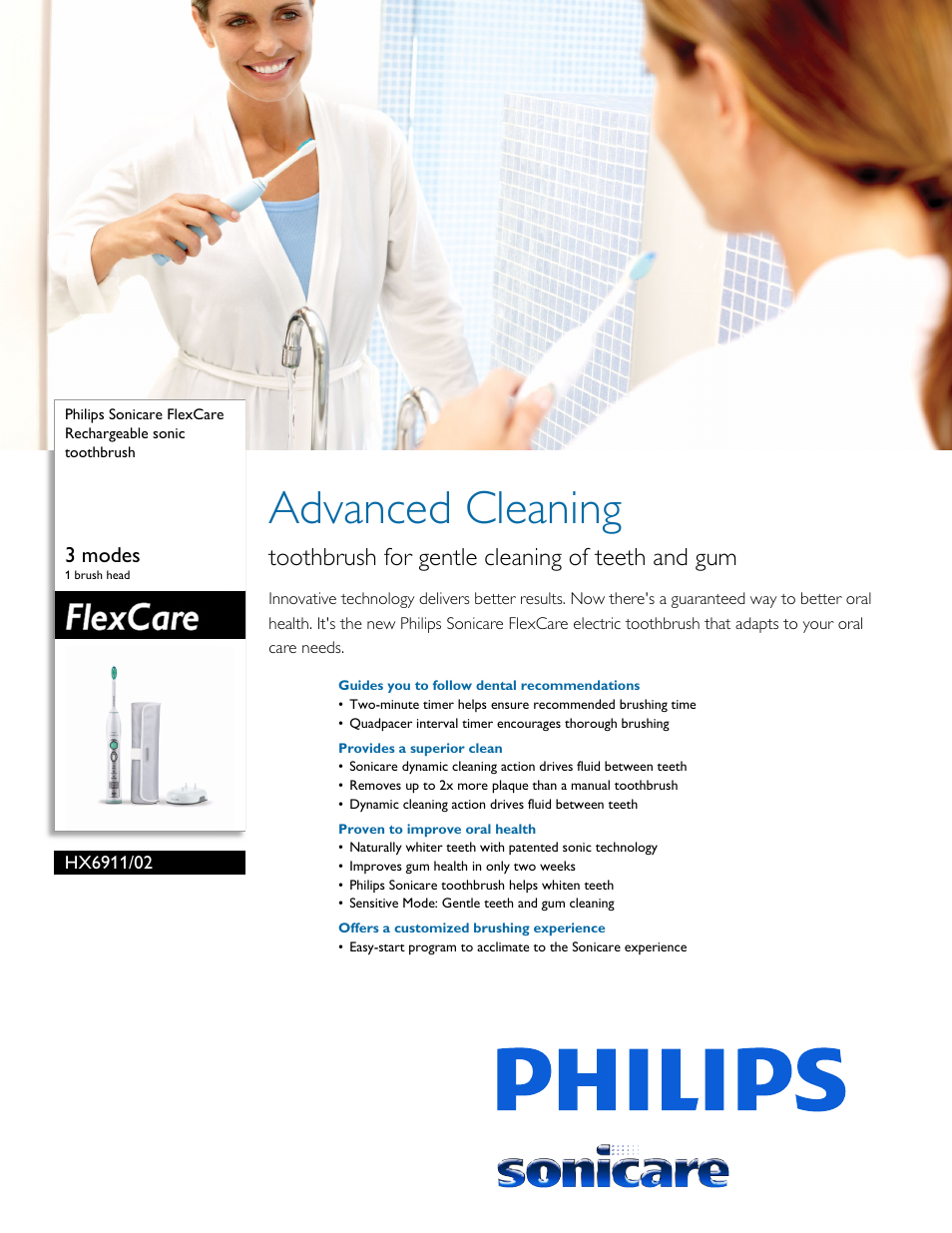 Philips Sonicare FlexCare Rechargeable sonic toothbrush HX6911-02 3 modes 1 brush head User Manual | 3 pages