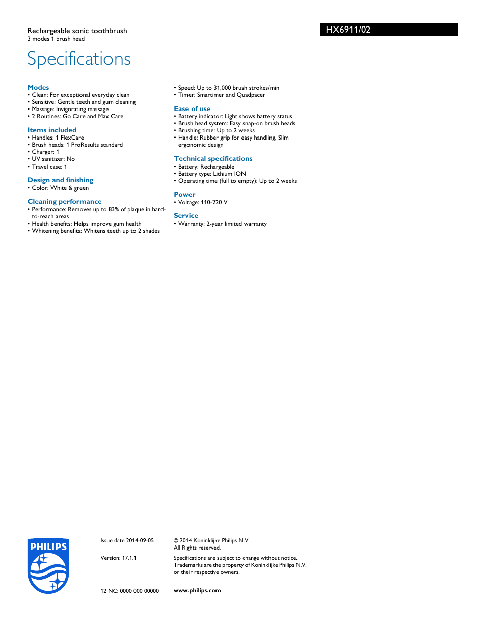 Specifications | Philips Sonicare FlexCare Rechargeable sonic toothbrush HX6911-02 3 modes 1 brush head User Manual | Page 3 / 3