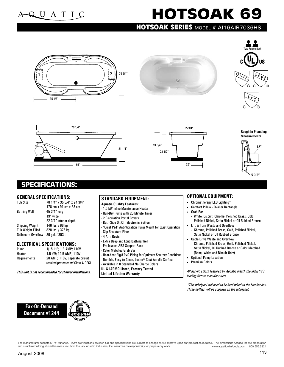 Aquatic HOTSOAK 69 AI16AIR7036HS User Manual | 1 page