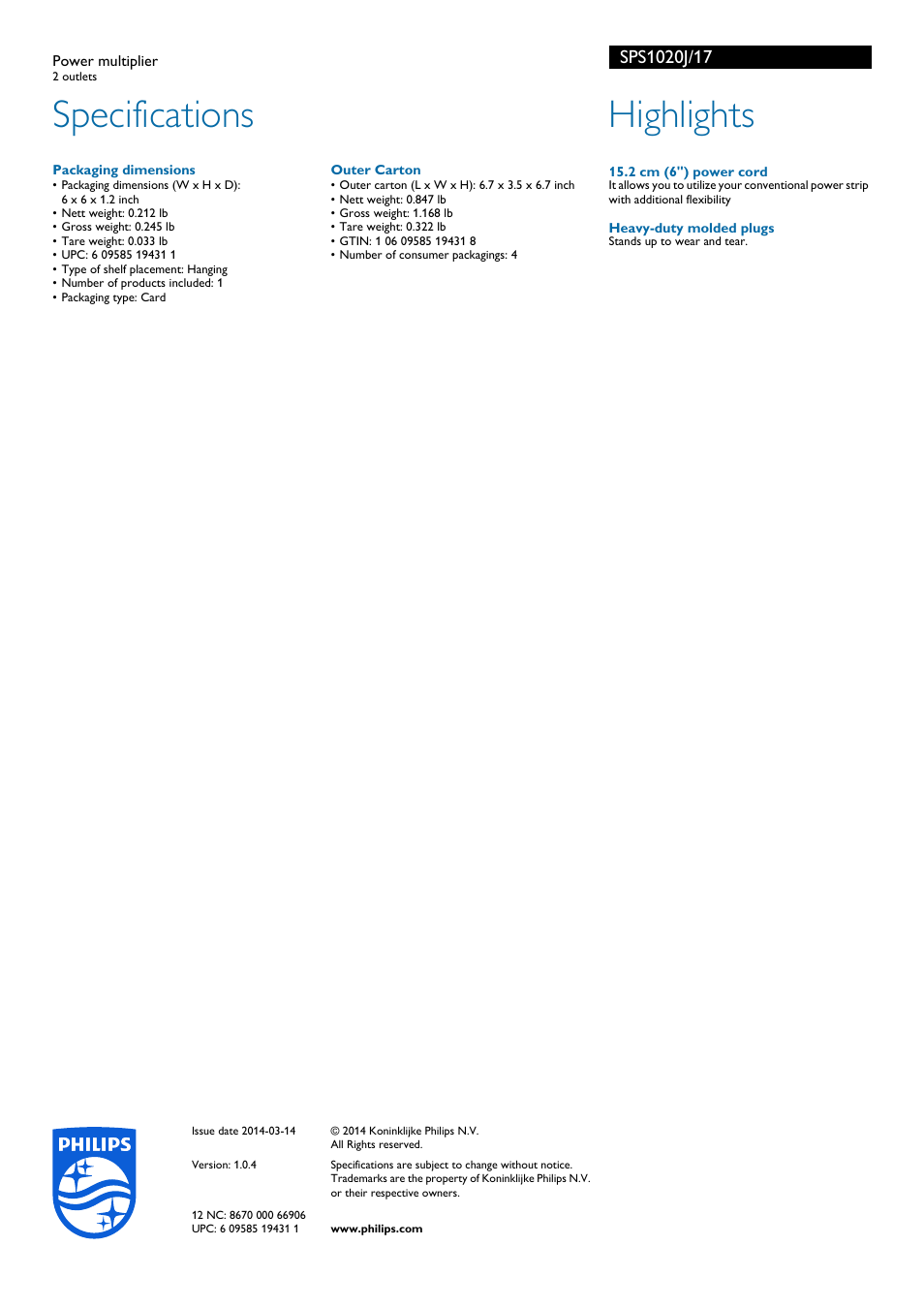 Specifications, Highlights | Philips SPS1020J-17 User Manual | Page 2 / 2