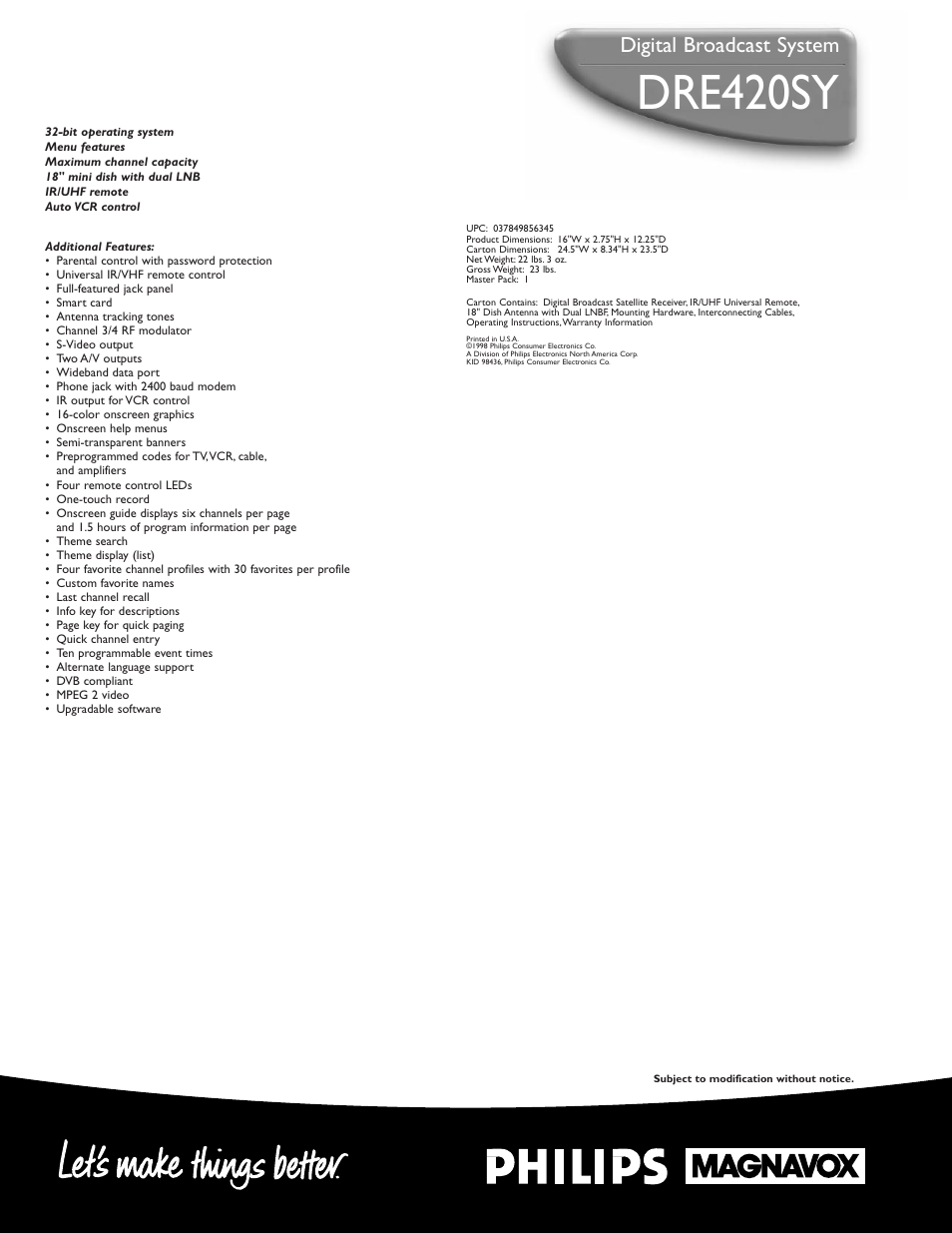 Dre420sy, Digital broadcast system | Philips DRE420SY99 User Manual | Page 2 / 2