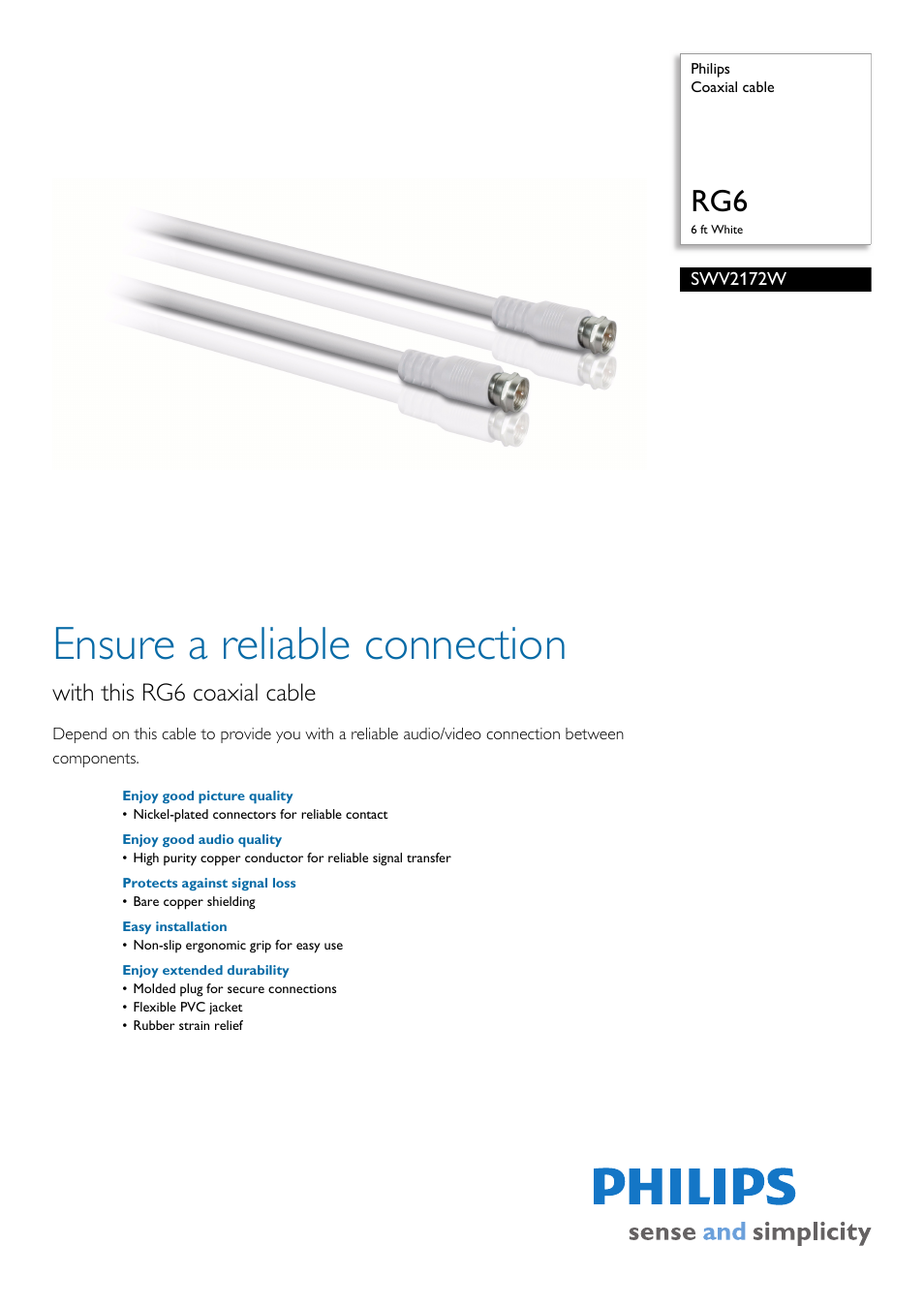 Philips Coaxial cable SWV2172W RG6 6 ft White User Manual | 2 pages