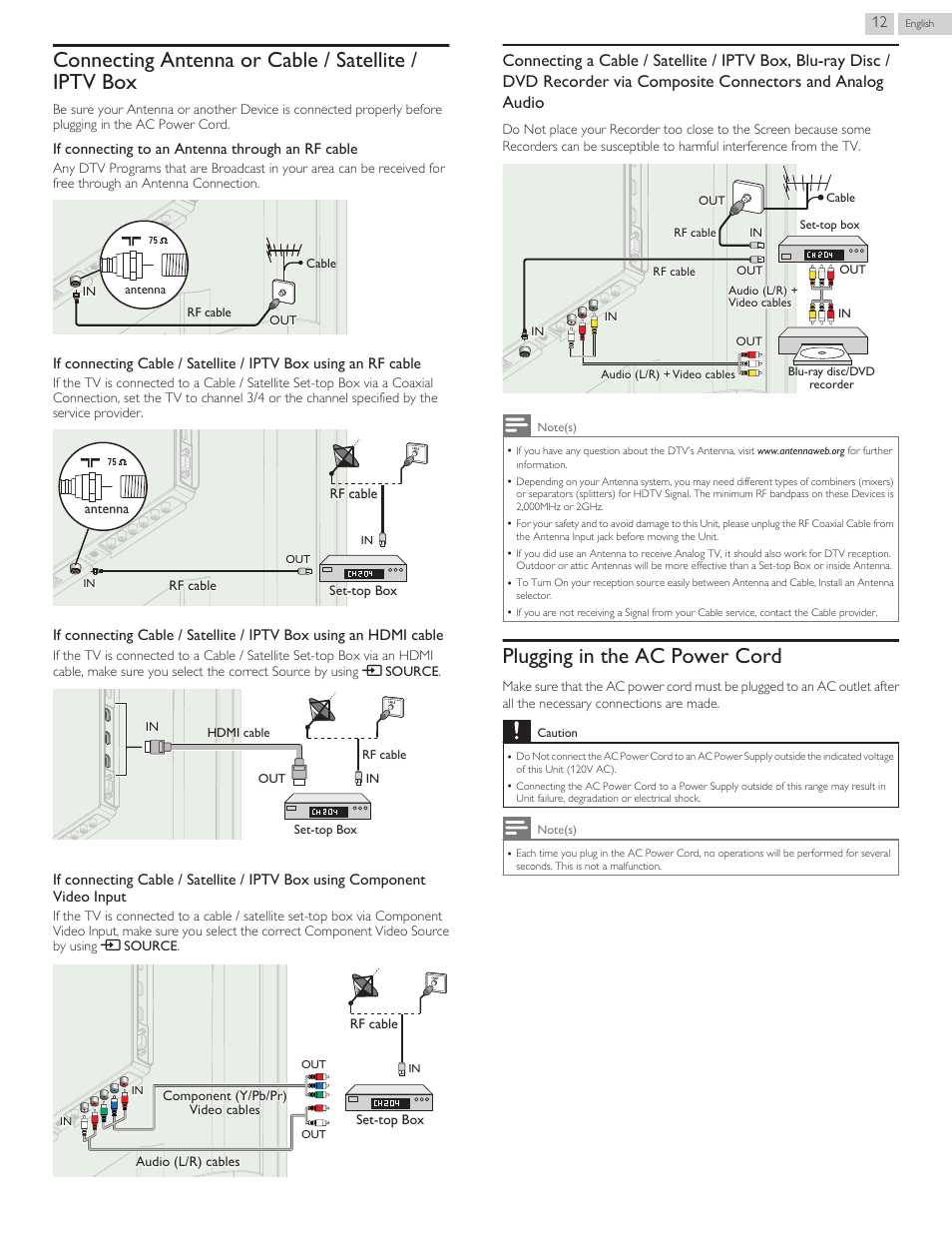 Connecting antenna or cable / satellite / iptv box, Plugging in the ac power cord | Philips 58PFL4609-F7 User Manual | Page 12 / 56