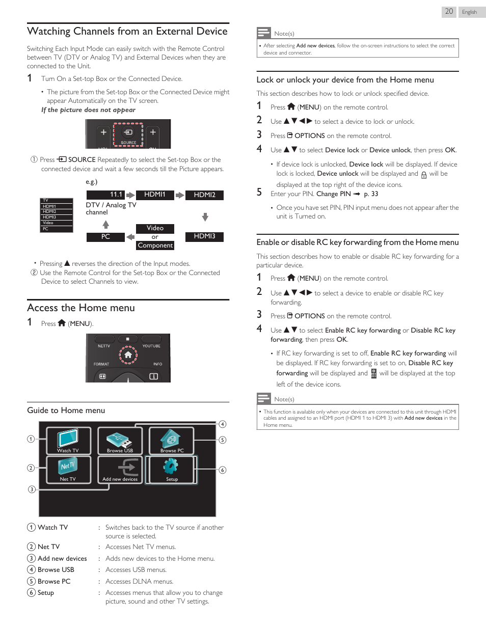 Watching channels from an external device, Access the home menu, Guide to home menu | Lock or unlock your device from the home menu, Access the home menu 1 | Philips 58PFL4609-F7 User Manual | Page 20 / 56