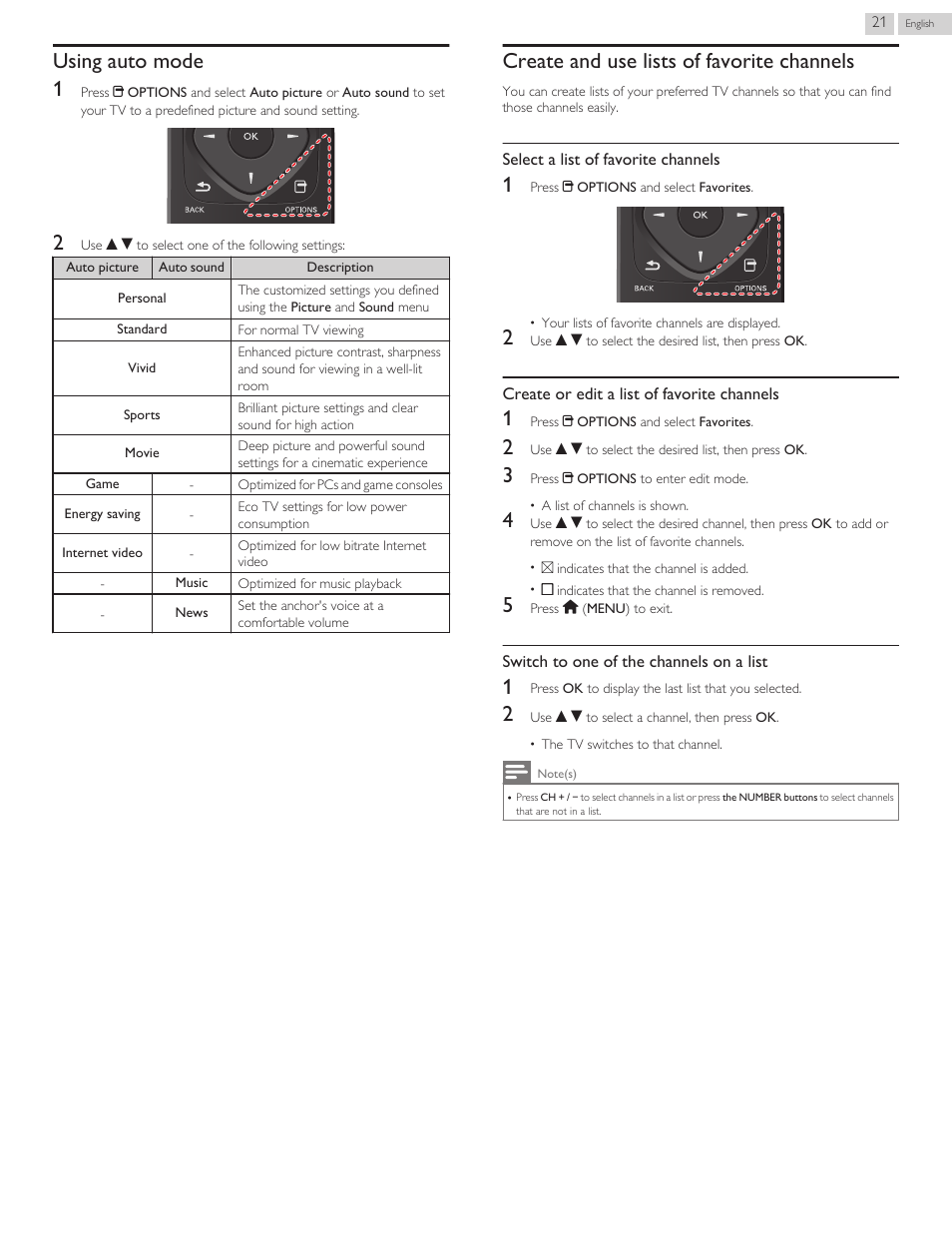 Using auto mode, Create and use lists of favorite channels, Select a list of favorite channels | Create or edit a list of favorite channels, Switch to one of the channels on a list, Using auto mode 1 | Philips 58PFL4609-F7 User Manual | Page 21 / 56