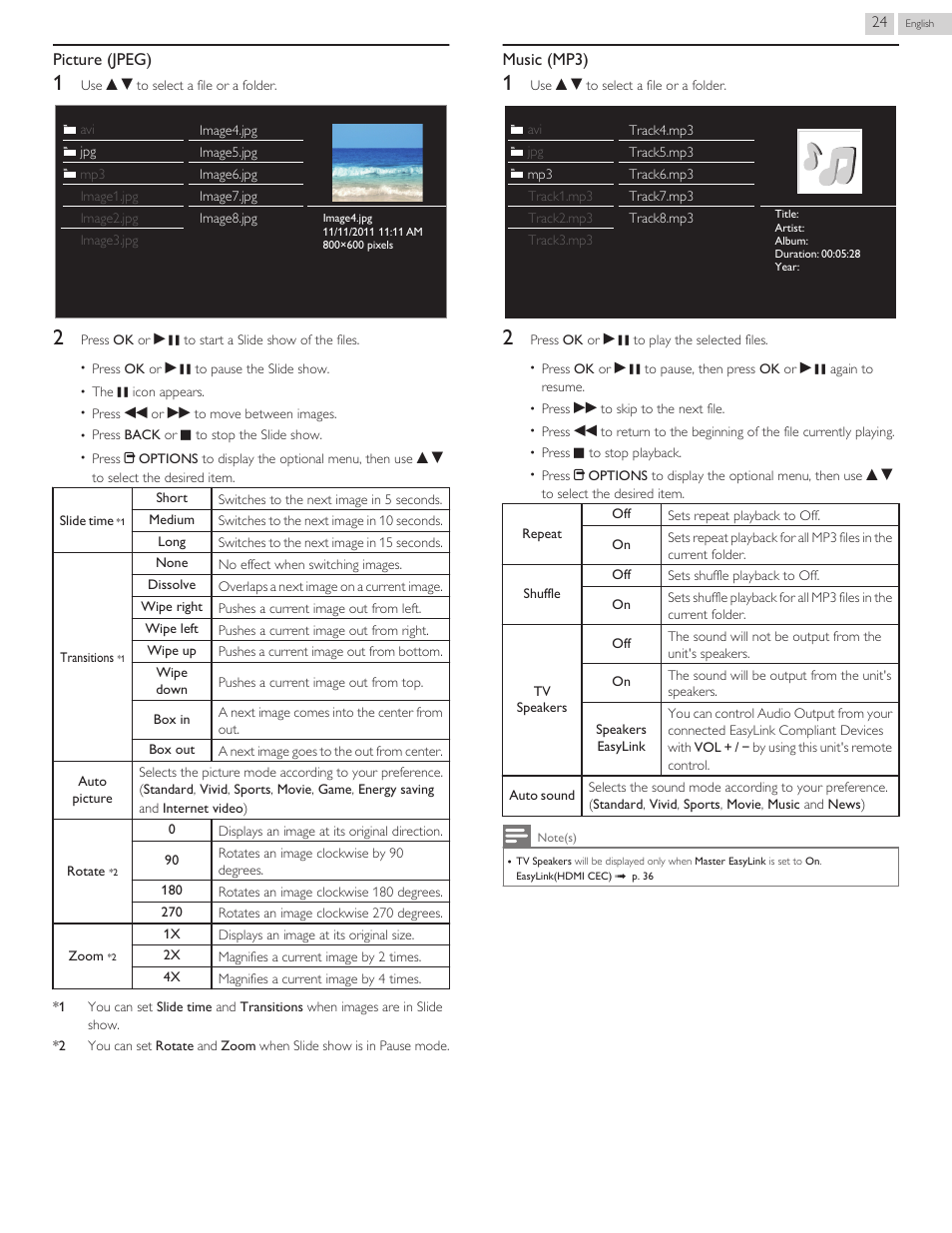 Picture (jpeg), Music (mp3) | Philips 58PFL4609-F7 User Manual | Page 24 / 56