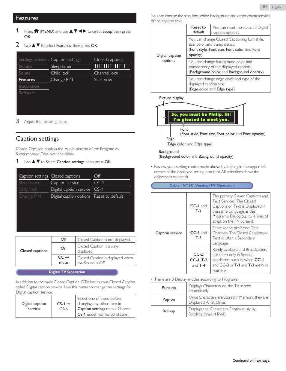 Features, Caption settings, Caption settings l p. 30 | L p. 30, Features 1 | Philips 58PFL4609-F7 User Manual | Page 30 / 56