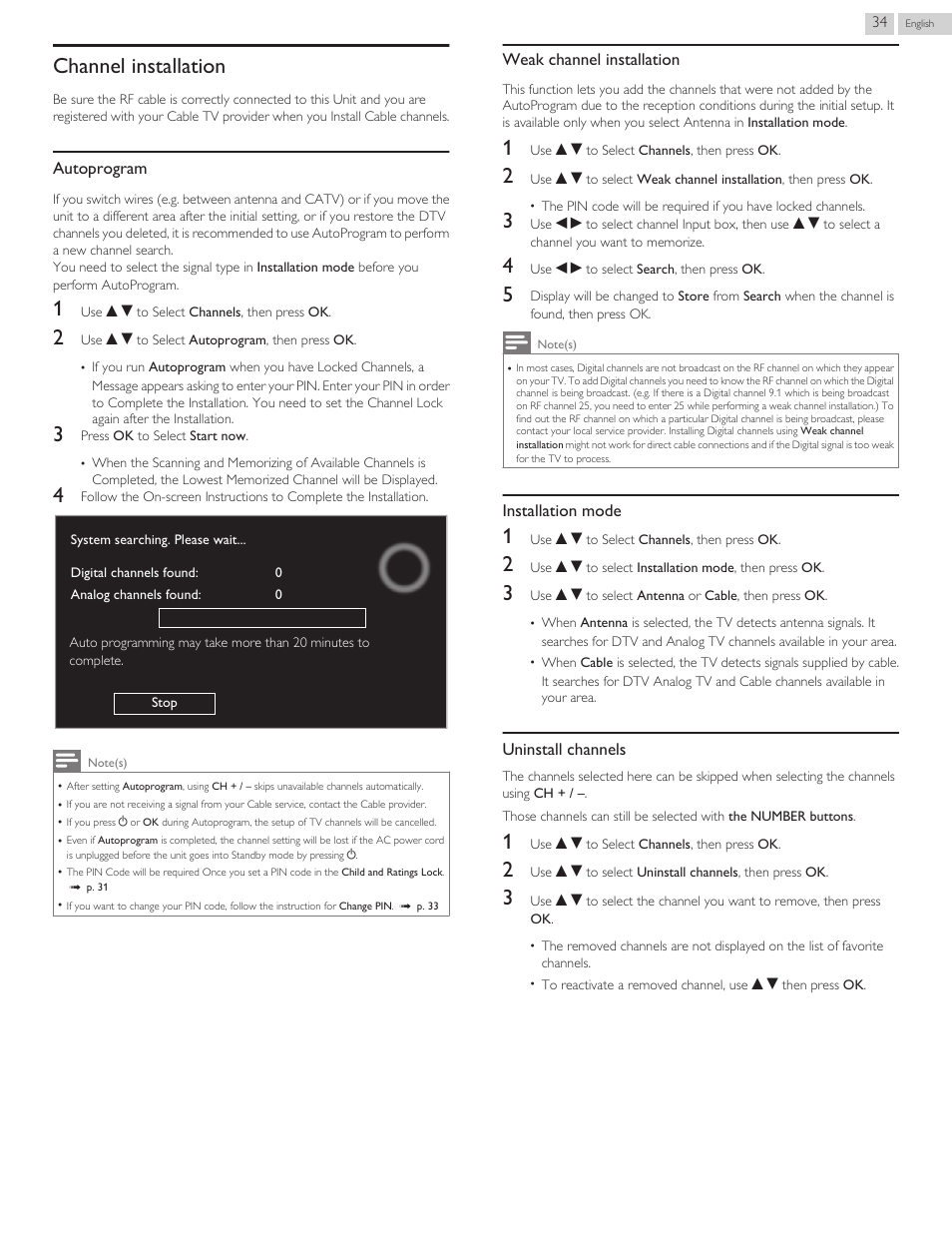 Channel installation, P. 34, Autoprogram l p. 34 | Weak channel installation l p. 34 | Philips 58PFL4609-F7 User Manual | Page 34 / 56