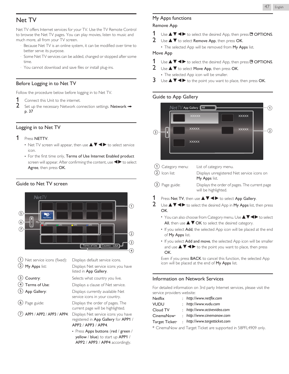 Net tv, Country l p. 47, Before logging in to net tv | Logging in to net tv, Guide to net tv screen, My apps functions, Guide to app gallery, Information on network services | Philips 58PFL4609-F7 User Manual | Page 47 / 56