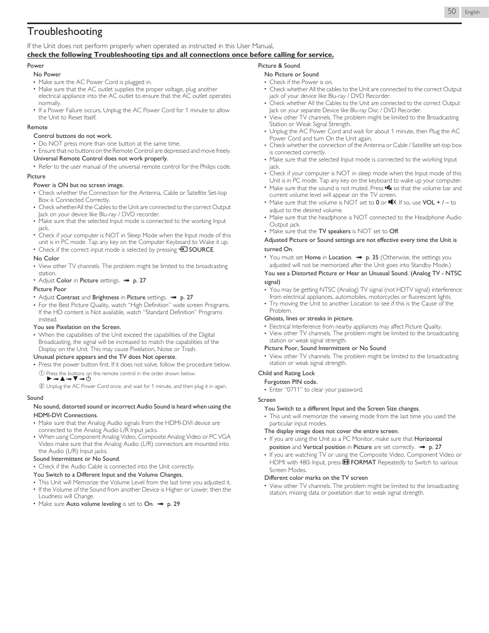Troubleshooting | Philips 58PFL4609-F7 User Manual | Page 50 / 56
