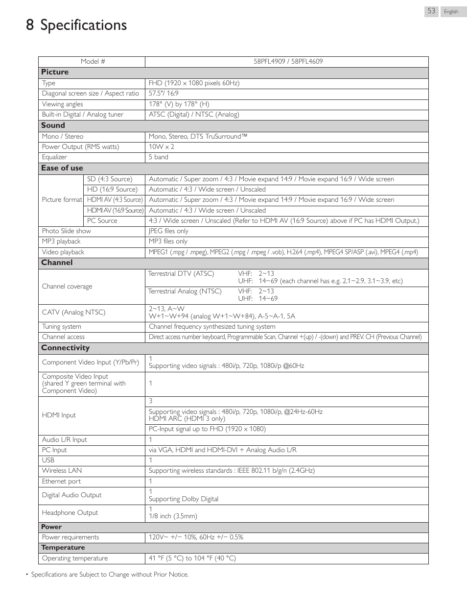 Specifications, 8 specifications | Philips 58PFL4609-F7 User Manual | Page 53 / 56