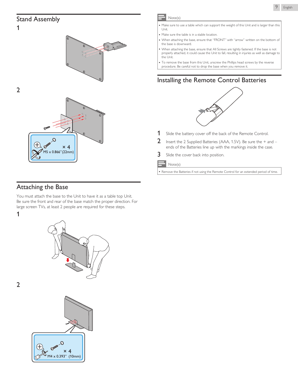 Stand assembly, Attaching the base, Installing the remote control batteries | Stand assembly 1 2, Installing the remote control batteries 1 | Philips 58PFL4609-F7 User Manual | Page 9 / 56