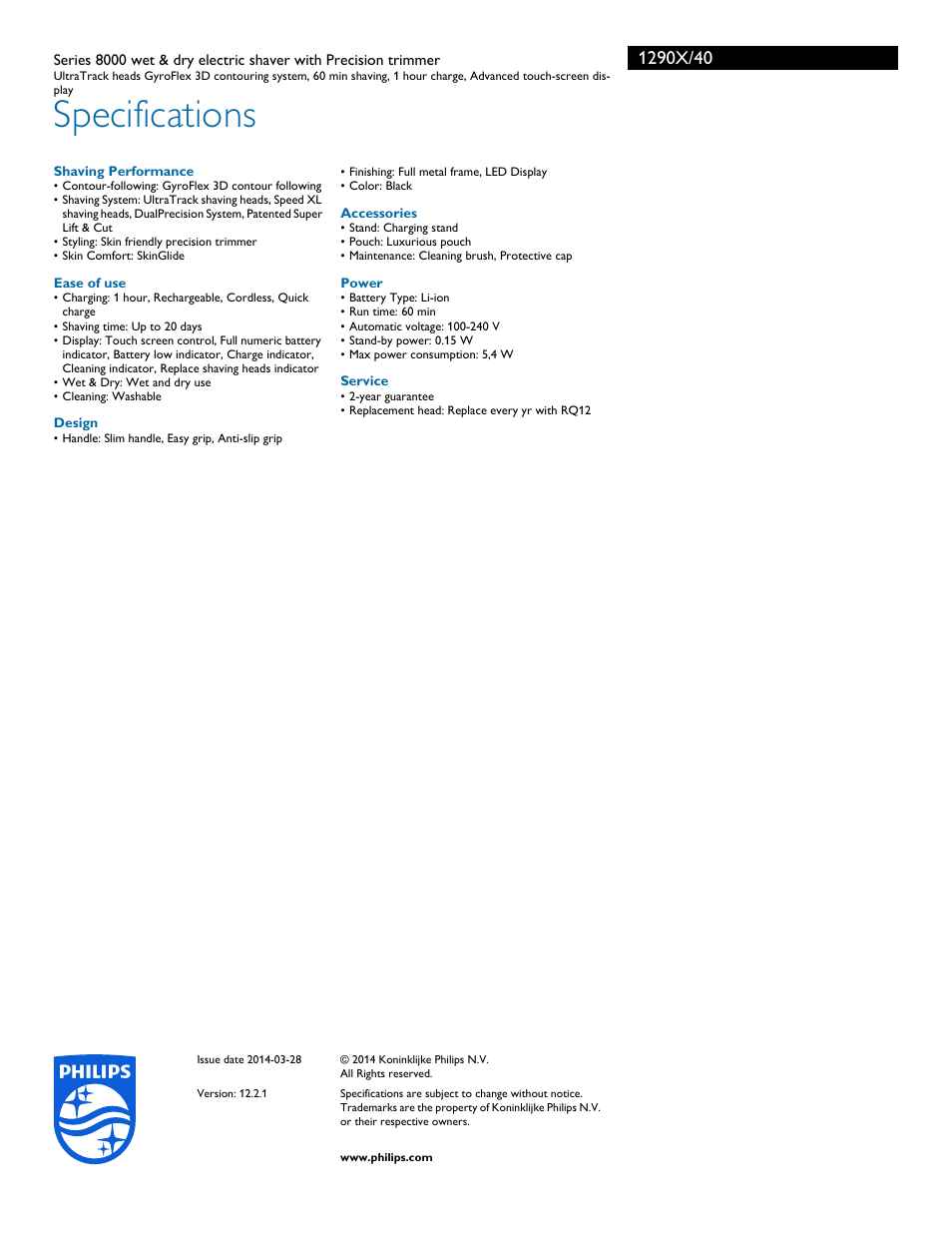 Specifications | Philips 1290X-40 User Manual | Page 3 / 3