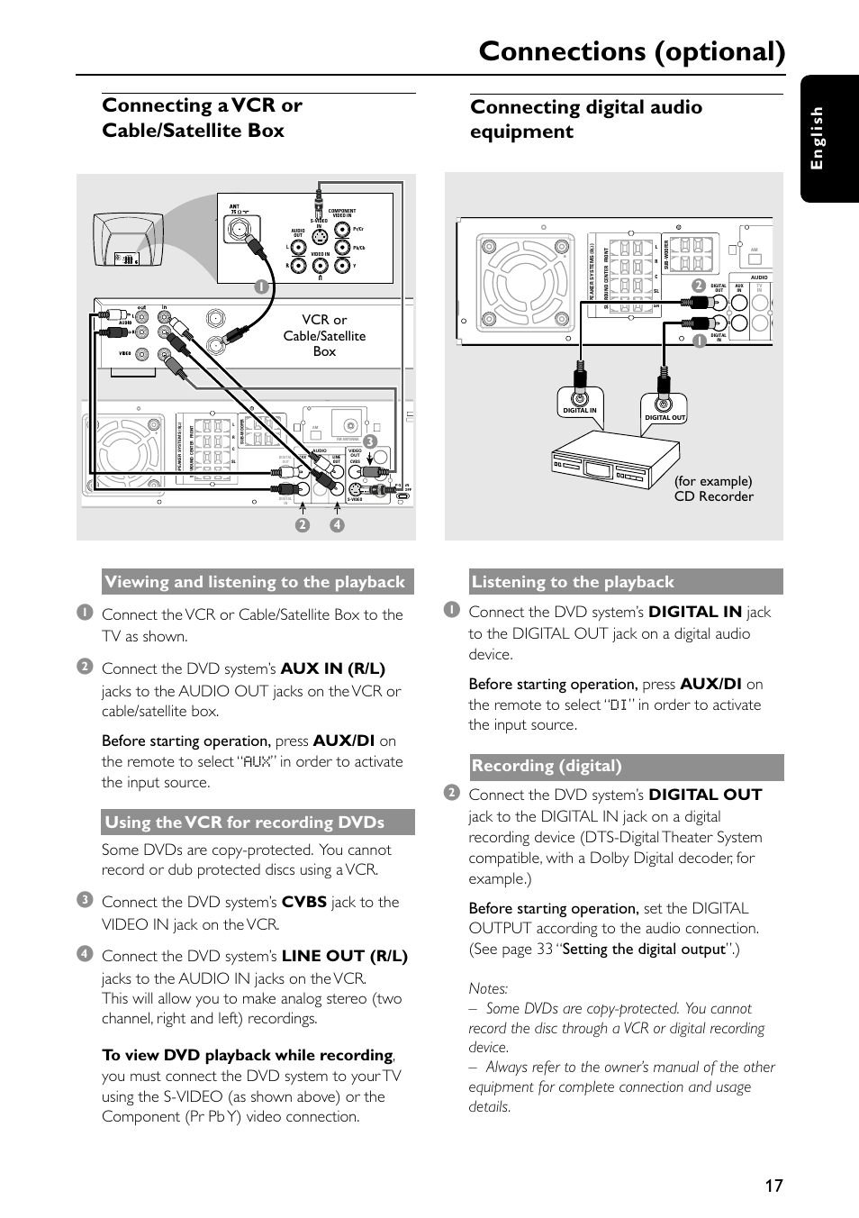 Connections (optional), Connecting a vcr or cable/satellite box, Connecting digital audio equipment | Viewing and listening to the playback, Using the vcr for recording dvds, Listening to the playback, Recording (digital), English, Vcr or cable/satellite box, For example) cd recorder | Philips MX5600D-99 User Manual | Page 19 / 50