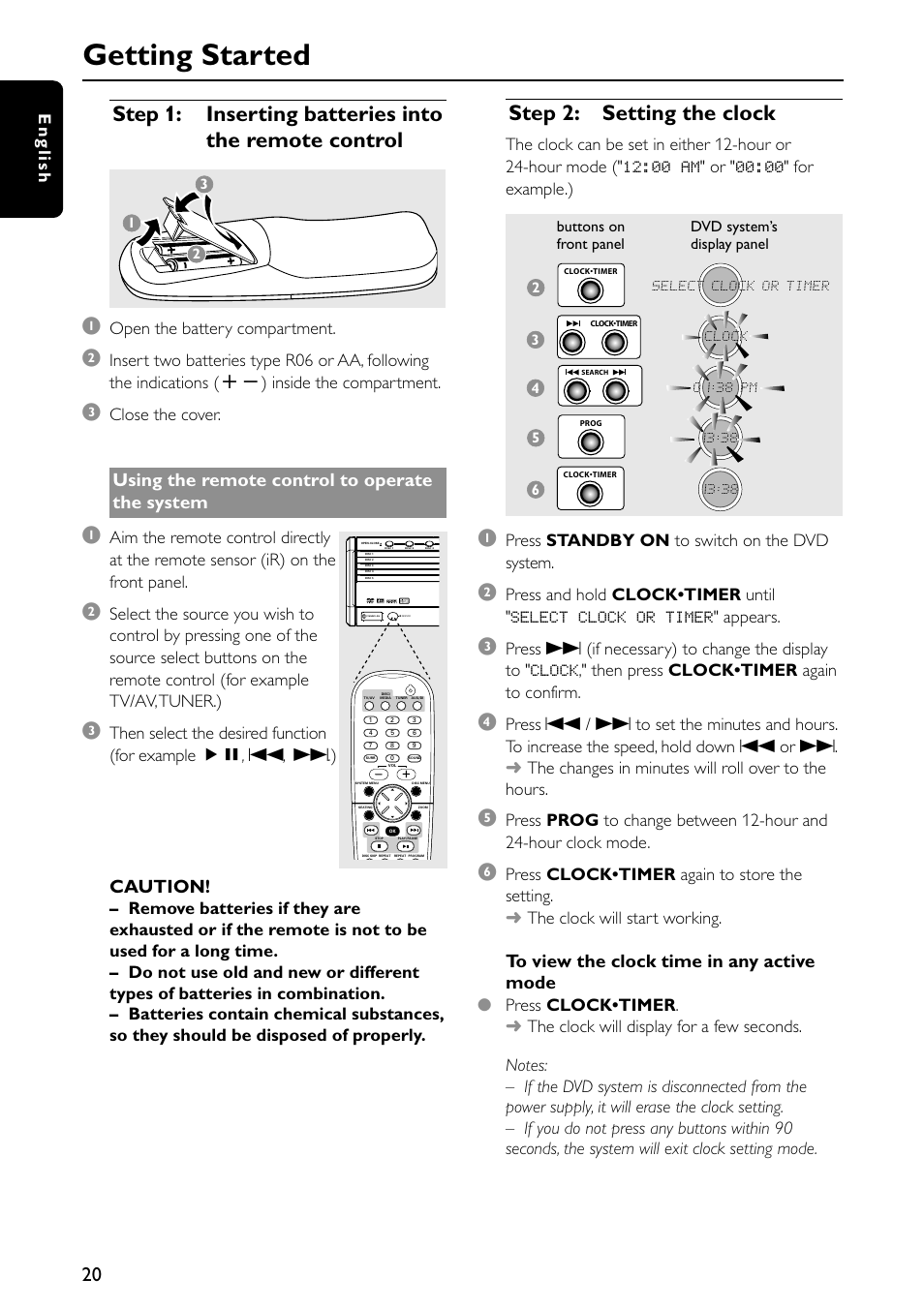 Getting started, Step 2: setting the clock, Using the remote control to operate the system | Caution, English, Open the battery compartment, Close the cover, Press standby on to switch on the dvd system | Philips MX5600D-99 User Manual | Page 22 / 50
