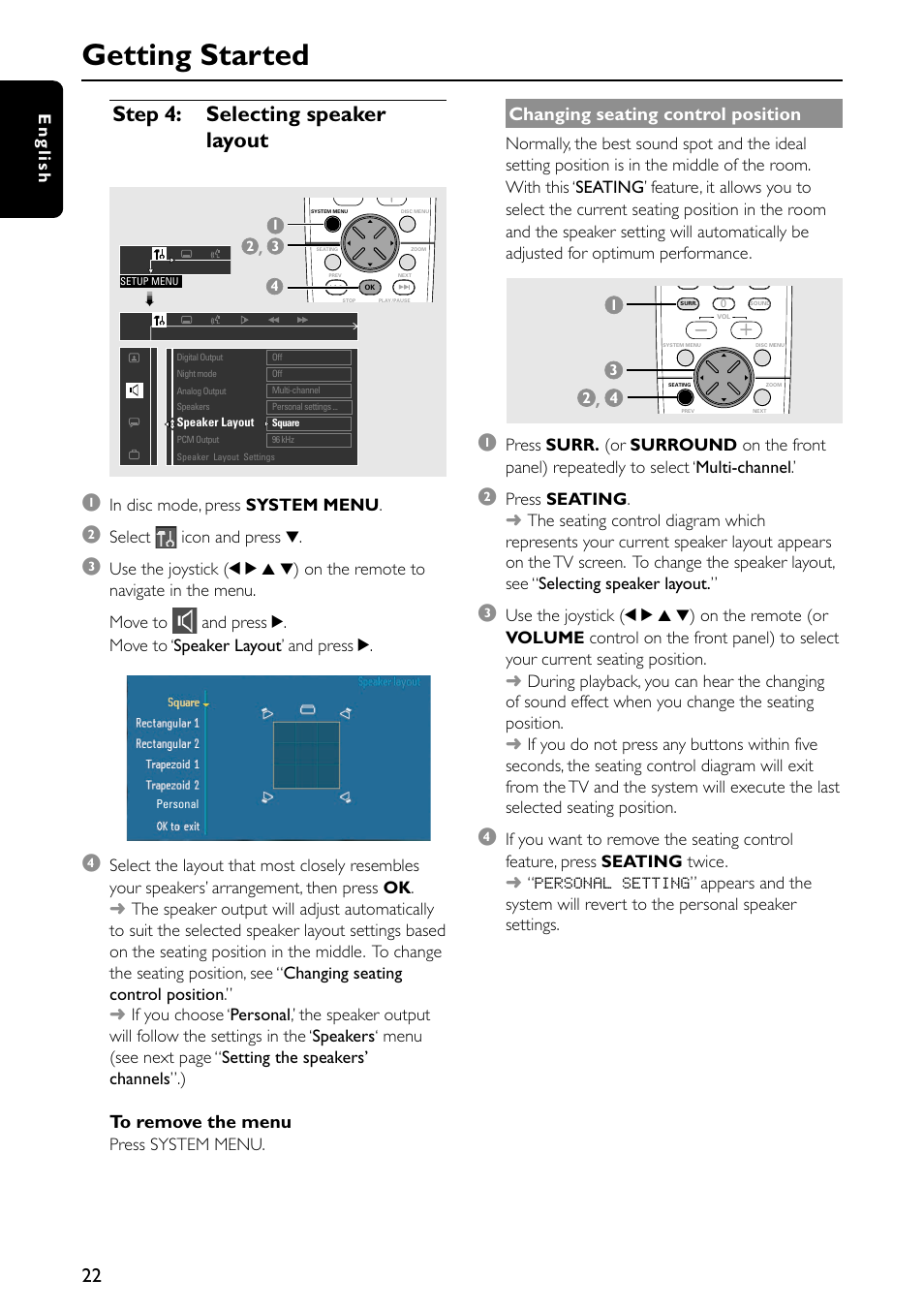 Getting started, Step 4: selecting speaker layout 1, Changing seating control position | English, Select icon and press 4, Press system menu | Philips MX5600D-99 User Manual | Page 24 / 50