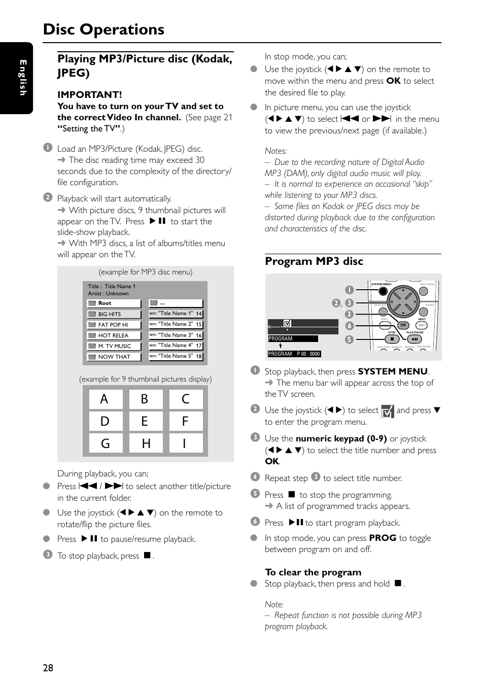 Disc operations, Program mp3 disc, Playing mp3/picture disc (kodak, jpeg) | Philips MX5600D-99 User Manual | Page 30 / 50