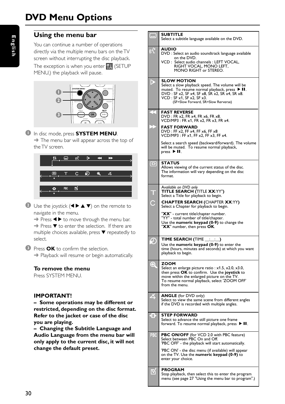 Dvd menu options, Using the menu bar, Important | Philips MX5600D-99 User Manual | Page 32 / 50