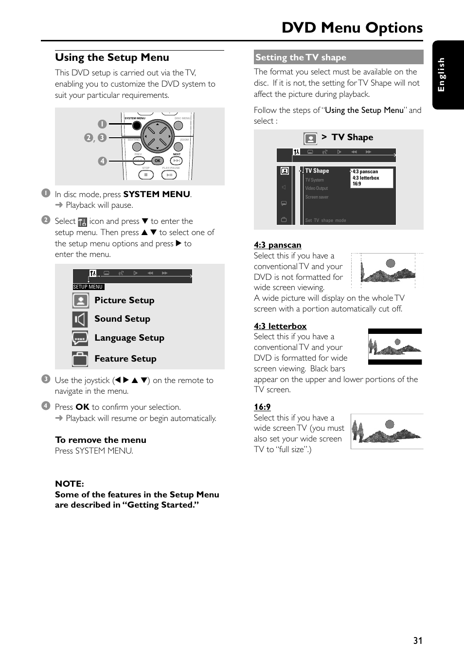 Dvd menu options, Using the setup menu | Philips MX5600D-99 User Manual | Page 33 / 50