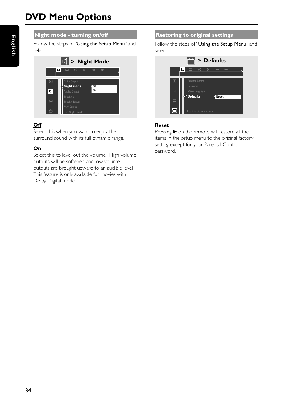 Dvd menu options, Night mode - turning on/off, Night mode | Restoring to original settings, Defaults, English | Philips MX5600D-99 User Manual | Page 36 / 50