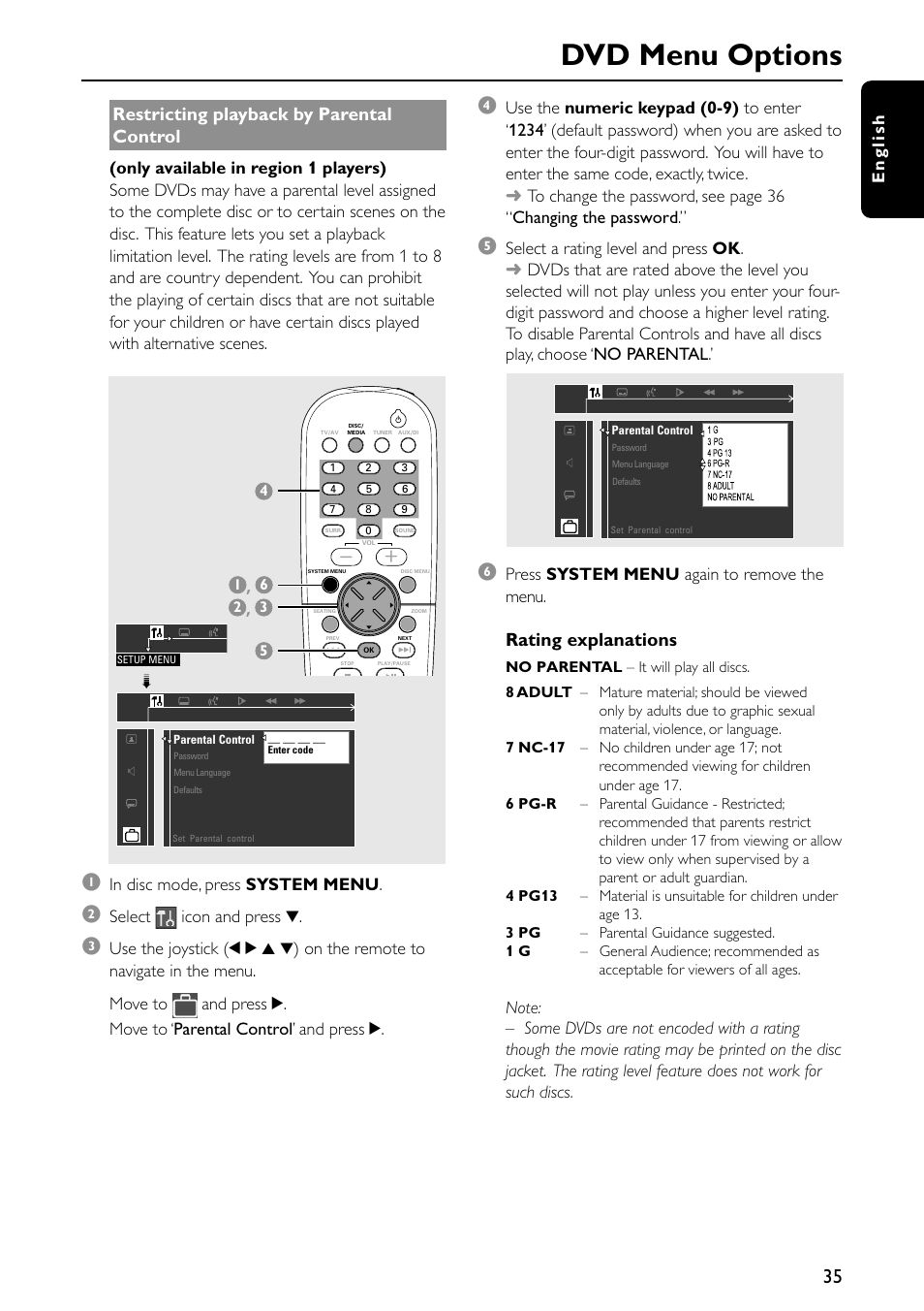 Dvd menu options, Restricting playback by parental control, Rating explanations | English, Select icon and press 4, Press system menu again to remove the menu | Philips MX5600D-99 User Manual | Page 37 / 50