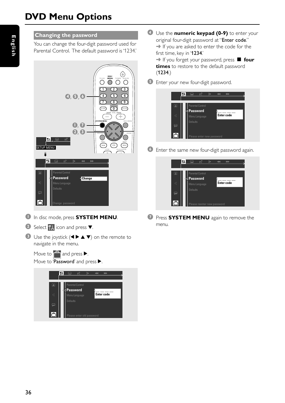 Dvd menu options, Changing the password, English | Select icon and press 4, Enter your new four-digit password, Enter the same new four-digit password again, Press system menu again to remove the menu | Philips MX5600D-99 User Manual | Page 38 / 50