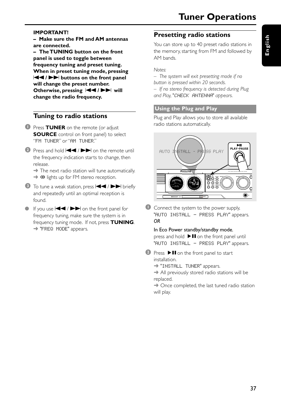 Tuner operations, Tuning to radio stations 1, Presetting radio stations | Using the plug and play | Philips MX5600D-99 User Manual | Page 39 / 50