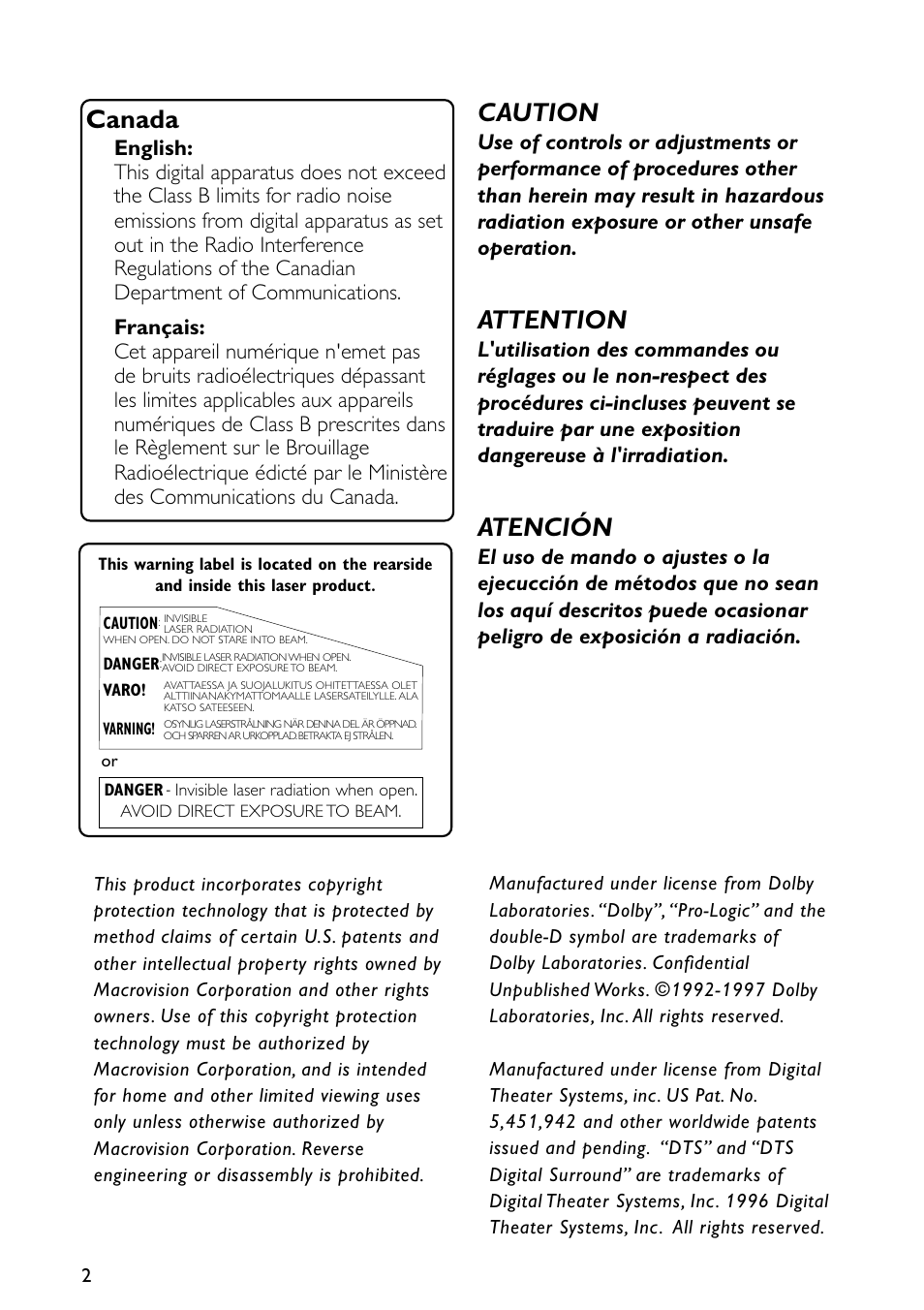 Caution, Attention, Atención | Canada | Philips MX5600D-99 User Manual | Page 4 / 50