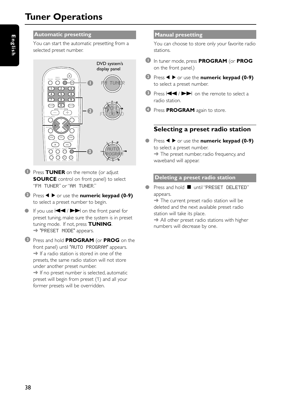Tuner operations, Selecting a preset radio station, Automatic presetting | Manual presetting, Deleting a preset radio station, English, Press program again to store | Philips MX5600D-99 User Manual | Page 40 / 50