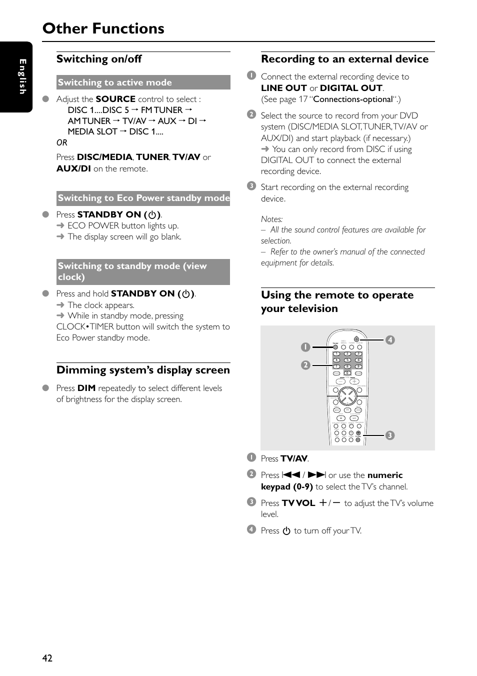 Other functions, Switching on/off, Dimming system’s display screen | Recording to an external device 1, Using the remote to operate your television, Switching to active mode, Switching to eco power standby mode, Switching to standby mode (view clock), English, Press tv/av | Philips MX5600D-99 User Manual | Page 44 / 50