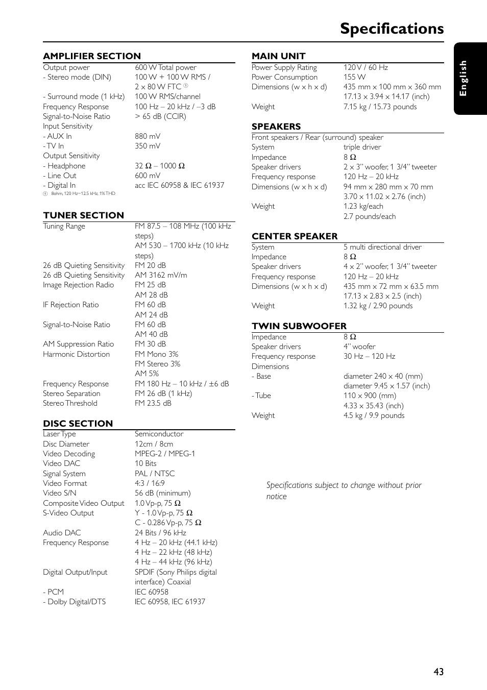 Specifications | Philips MX5600D-99 User Manual | Page 45 / 50