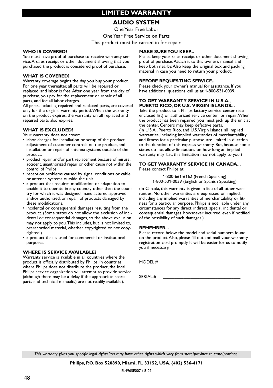 Limited warranty, 48 audio system | Philips MX5600D-99 User Manual | Page 50 / 50