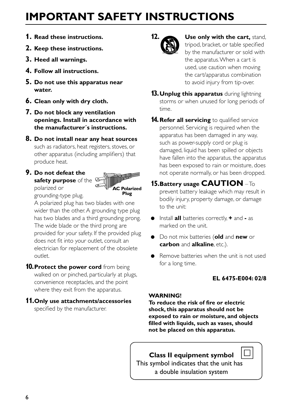 Important safety instructions, Caution | Philips MX5600D-99 User Manual | Page 8 / 50