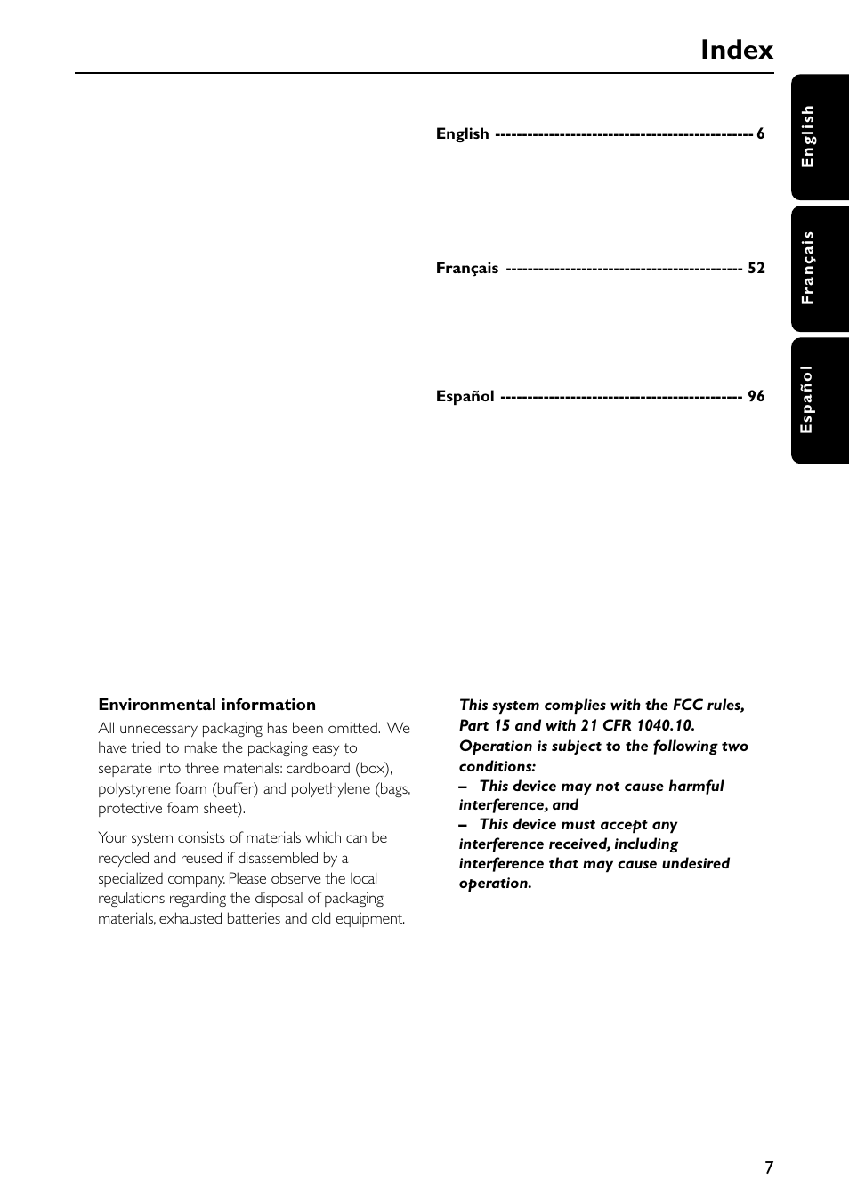 Index | Philips MX5600D-99 User Manual | Page 9 / 50
