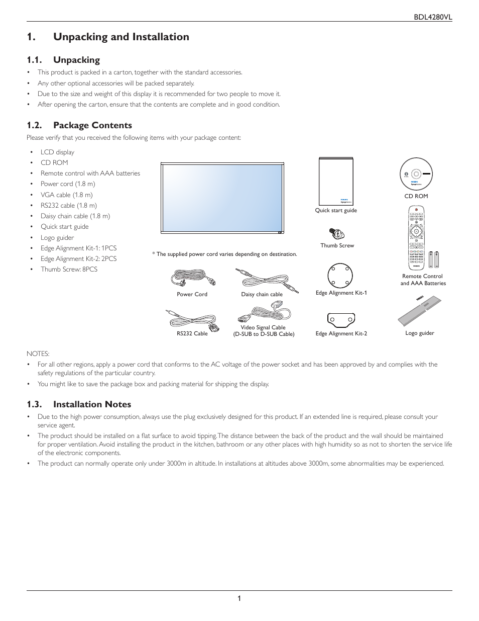 Unpacking and installation, Unpacking, Package contents | Installation notes | Philips Signage Solutions V-Line Display BDL4280VL 42" Edge LED Backlight Full HD 700cd-m² User Manual | Page 10 / 45