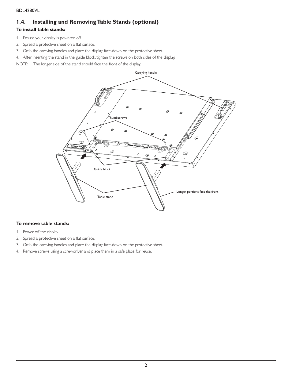 Installing and removing table stands (optional) | Philips Signage Solutions V-Line Display BDL4280VL 42" Edge LED Backlight Full HD 700cd-m² User Manual | Page 11 / 45