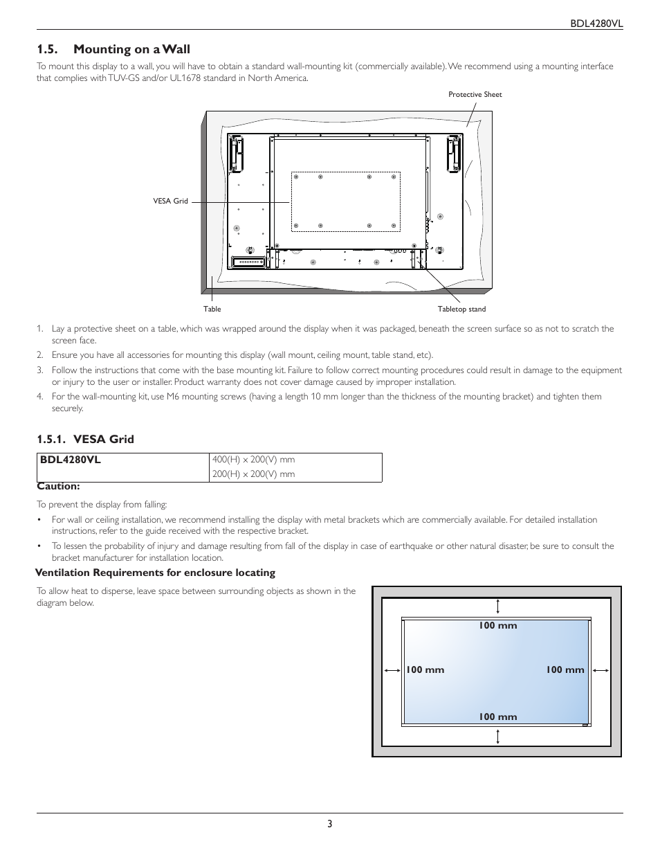 Mounting on a wall, Vesa grid | Philips Signage Solutions V-Line Display BDL4280VL 42" Edge LED Backlight Full HD 700cd-m² User Manual | Page 12 / 45