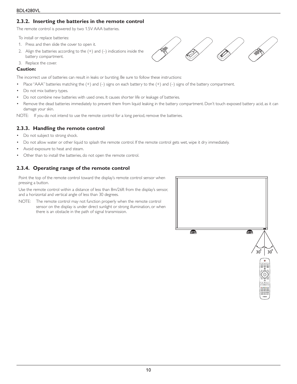 Inserting the batteries in the remote control, Handling the remote control, Operating range of the remote control | Inserting the batteries in the remote, Control | Philips Signage Solutions V-Line Display BDL4280VL 42" Edge LED Backlight Full HD 700cd-m² User Manual | Page 19 / 45