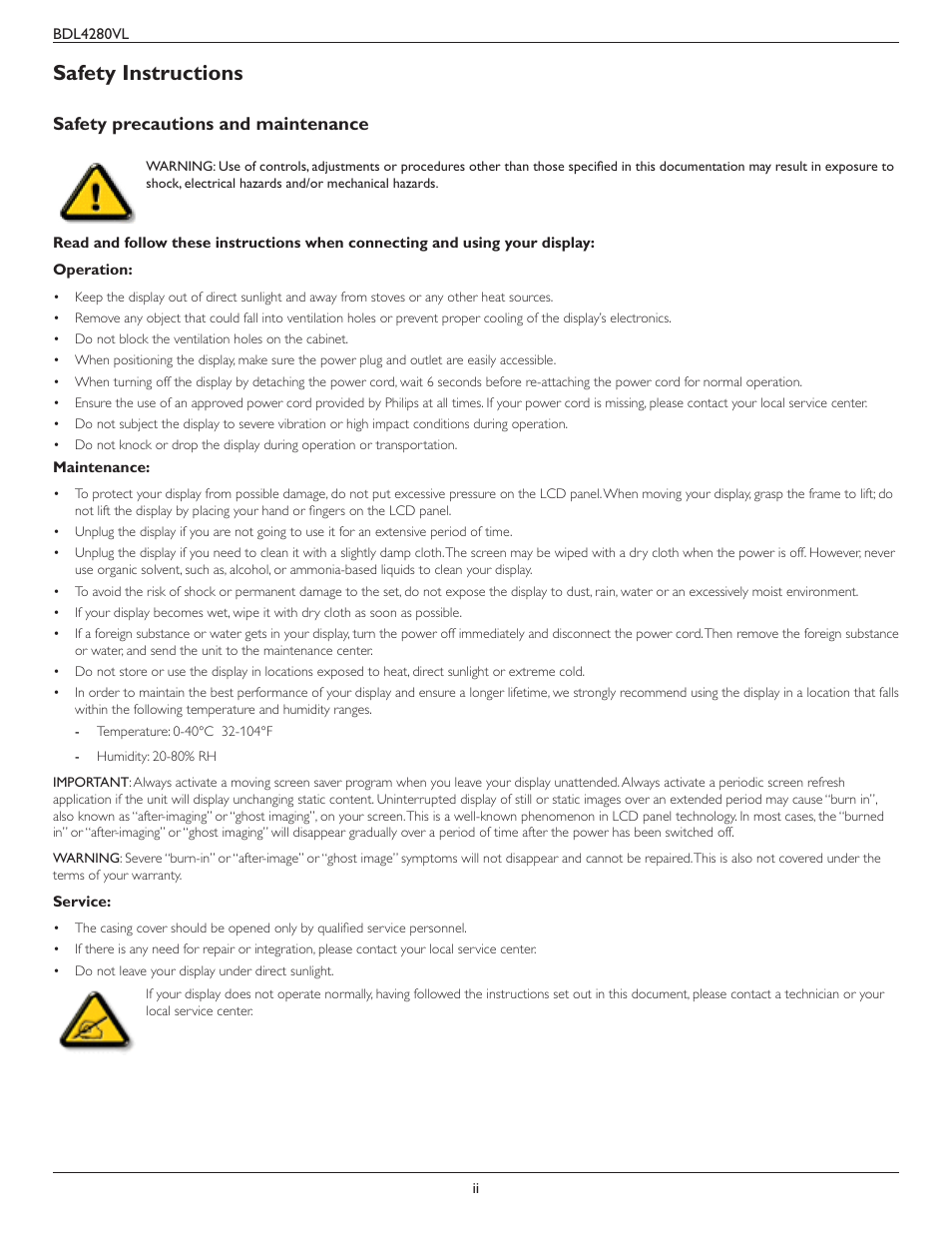 Safety instructions | Philips Signage Solutions V-Line Display BDL4280VL 42" Edge LED Backlight Full HD 700cd-m² User Manual | Page 2 / 45