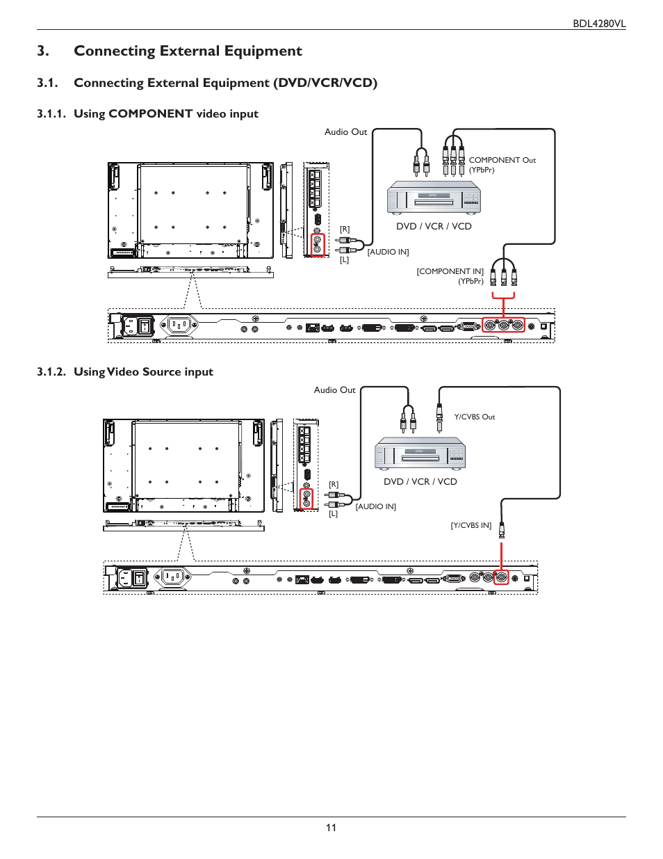 Connecting external equipment, Connecting external equipment (dvd/vcr/vcd), Using component video input | Using video source input | Philips Signage Solutions V-Line Display BDL4280VL 42" Edge LED Backlight Full HD 700cd-m² User Manual | Page 20 / 45