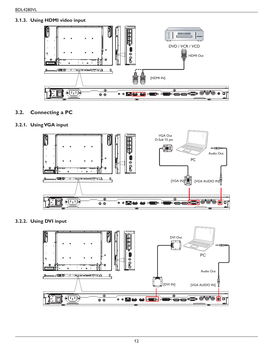 Using hdmi video input, Connecting a pc, Using vga input | Using dvi input, Using vga input 3.2.2. using dvi input | Philips Signage Solutions V-Line Display BDL4280VL 42" Edge LED Backlight Full HD 700cd-m² User Manual | Page 21 / 45