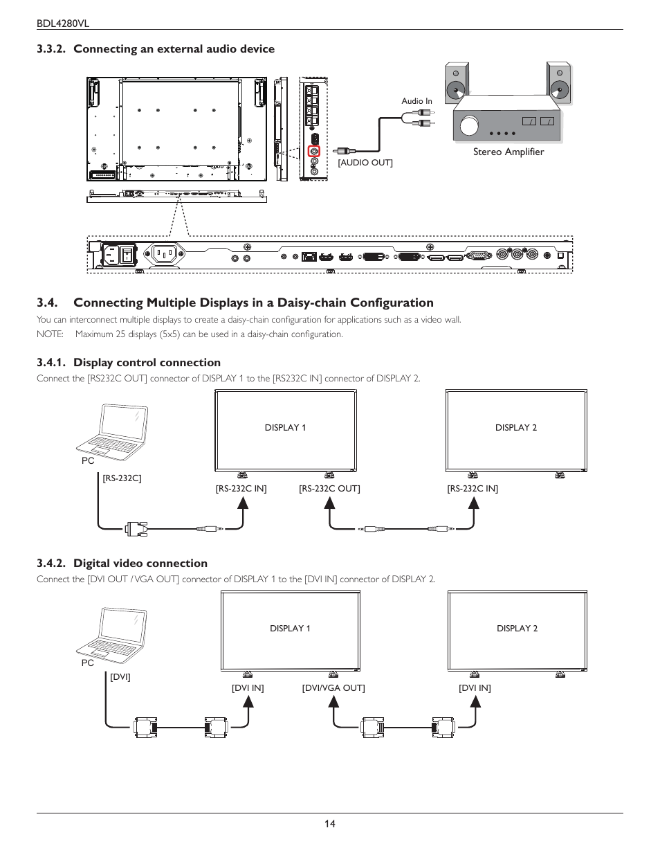 Connecting an external audio device, Display control connection, Digital video connection | Connecting multiple displays in a daisy-chain | Philips Signage Solutions V-Line Display BDL4280VL 42" Edge LED Backlight Full HD 700cd-m² User Manual | Page 23 / 45