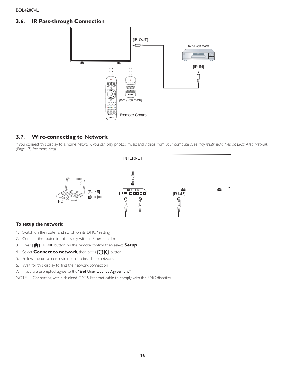 Ir pass-through connection, Wire-connecting to network | Philips Signage Solutions V-Line Display BDL4280VL 42" Edge LED Backlight Full HD 700cd-m² User Manual | Page 25 / 45