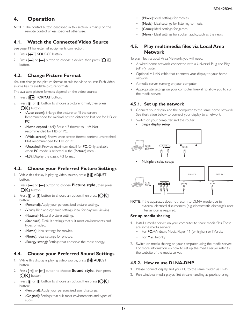 Operation, Watch the connected video source, Change picture format | Choose your preferred picture settings, Choose your preferred sound settings, Play multimedia files via local area network, Set up the network, How to use dlna-dmp, Set up the network 4.5.2. how to use dlna-dmp | Philips Signage Solutions V-Line Display BDL4280VL 42" Edge LED Backlight Full HD 700cd-m² User Manual | Page 26 / 45