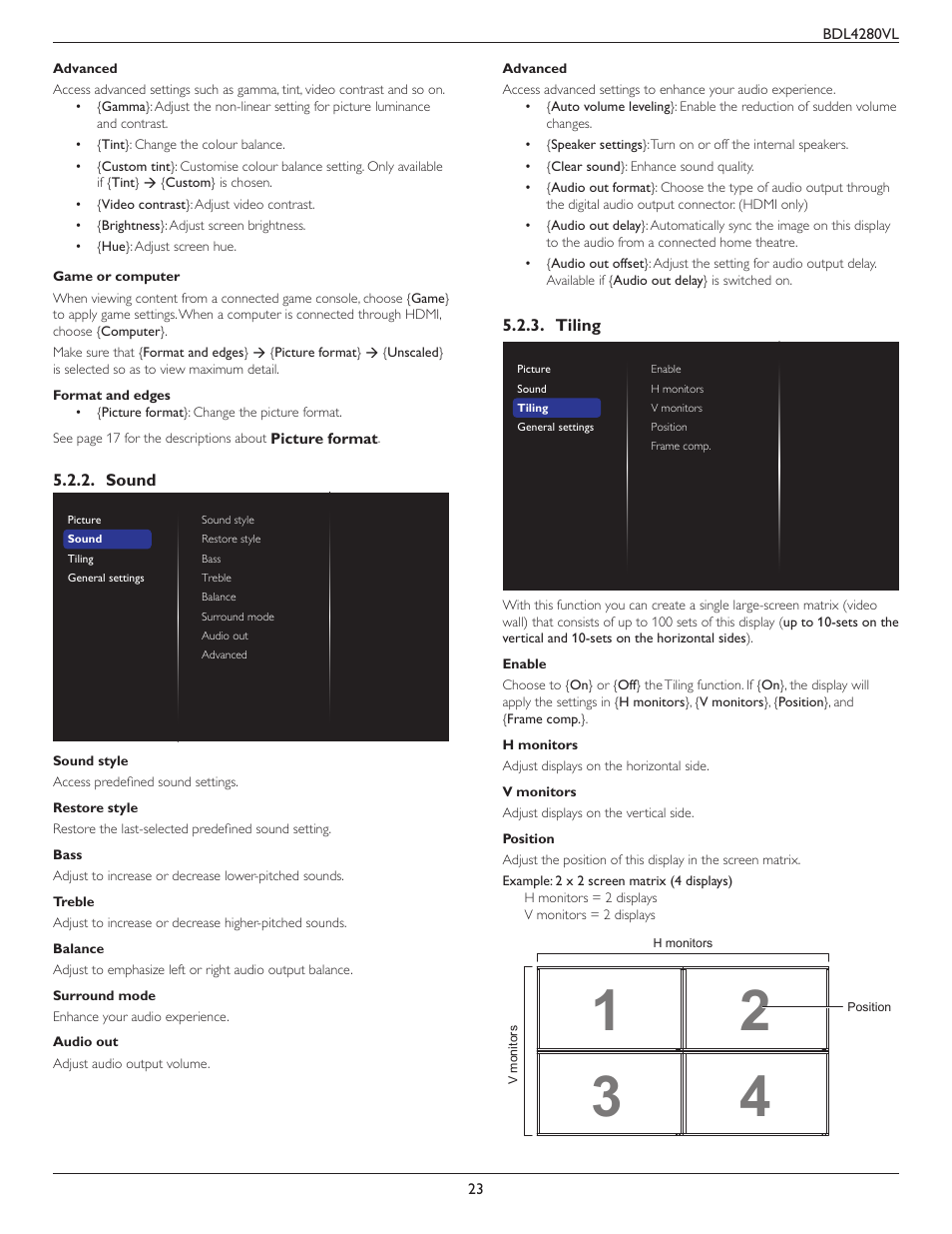 Sound, Tiling, Sound 5.2.3. tiling | Philips Signage Solutions V-Line Display BDL4280VL 42" Edge LED Backlight Full HD 700cd-m² User Manual | Page 32 / 45