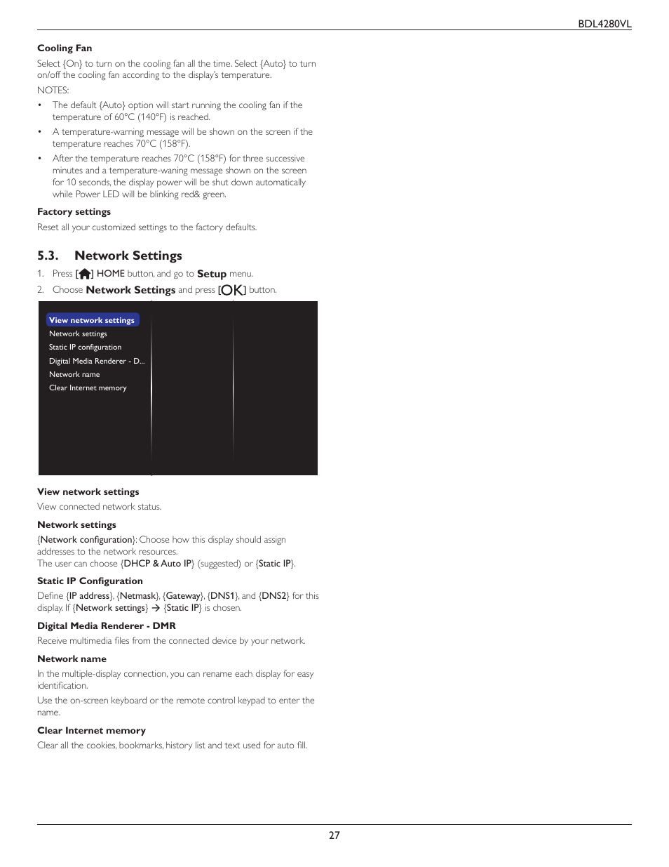 Network settings | Philips Signage Solutions V-Line Display BDL4280VL 42" Edge LED Backlight Full HD 700cd-m² User Manual | Page 36 / 45