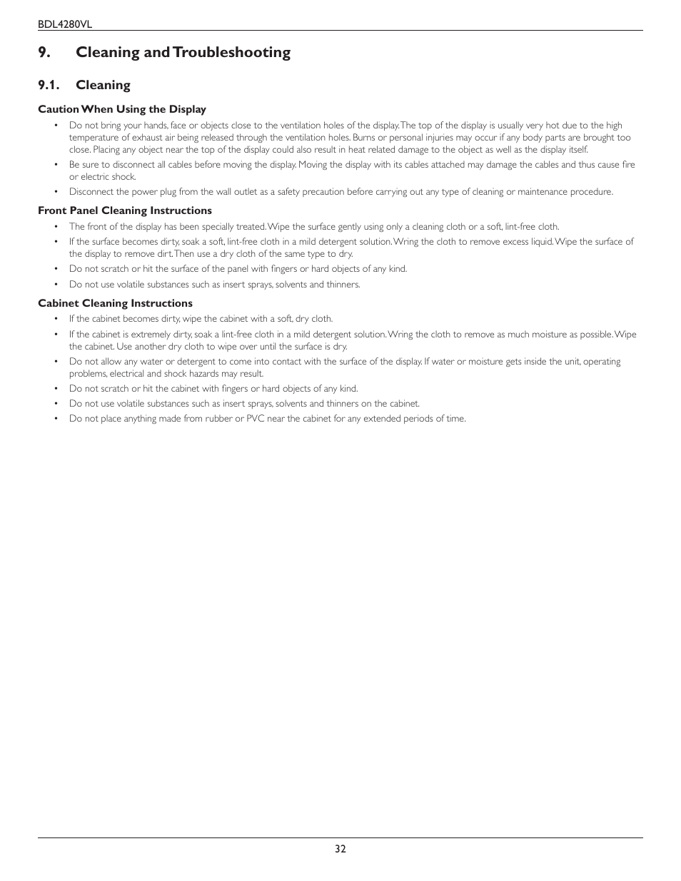 Cleaning and troubleshooting, Cleaning, Cleaning and troubleshooting 9.1. cleaning | Philips Signage Solutions V-Line Display BDL4280VL 42" Edge LED Backlight Full HD 700cd-m² User Manual | Page 41 / 45